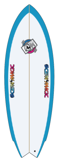 ocean magic flying bullet surfboard in white with blue rails