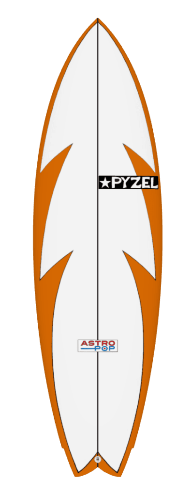 pyzel astro in white with orange effects surfboard