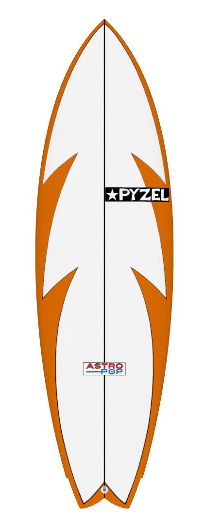 pyzel astro in white with orange effects surfboard