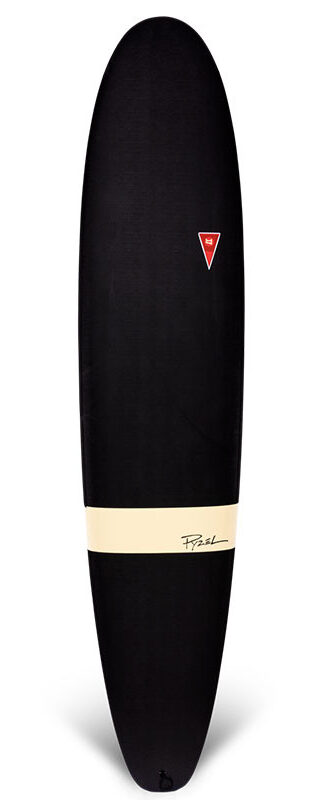 black jff by pyzel log longboard surfboard with white stripe 