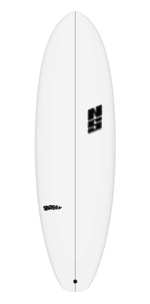 nigel semmens shaggy surfboard in white and black logo