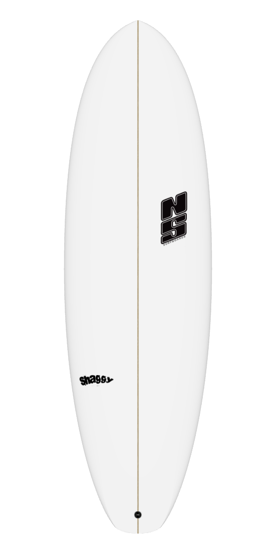 nigel semmens shaggy surfboard in white and black logo