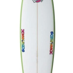 mid length surfboard in white with green rails