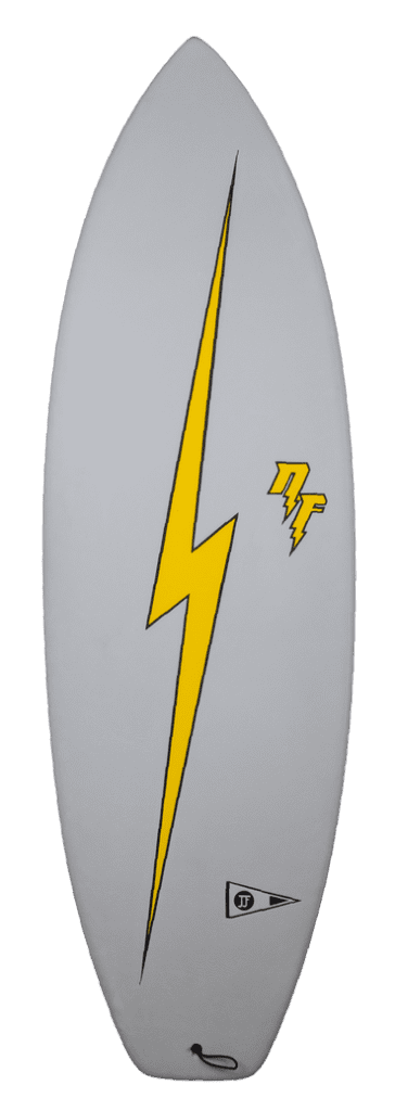 soft top surfboard with lightning bolt across the deck