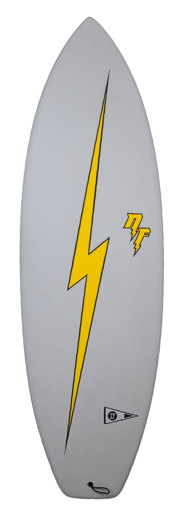 soft top surfboard with lightning bolt across the deck