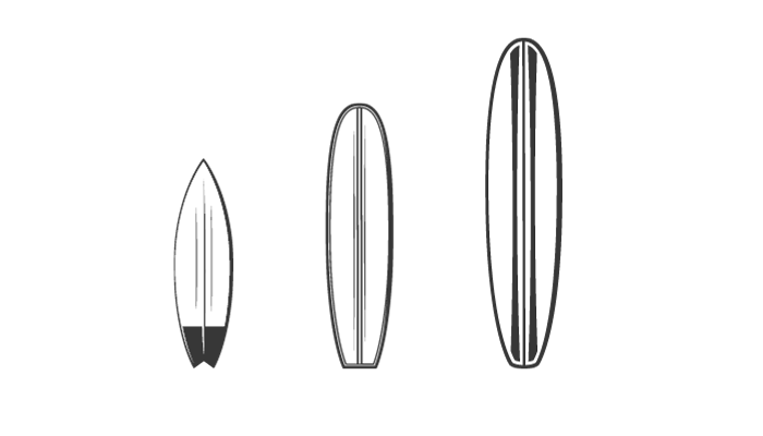 different surfboard types displayed as icons in black and white