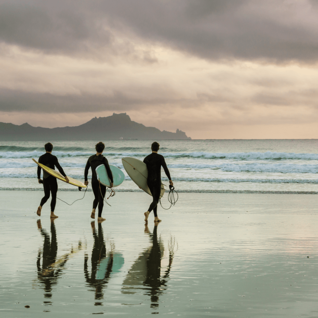three people walking down to the sea with their surfboards in dusk